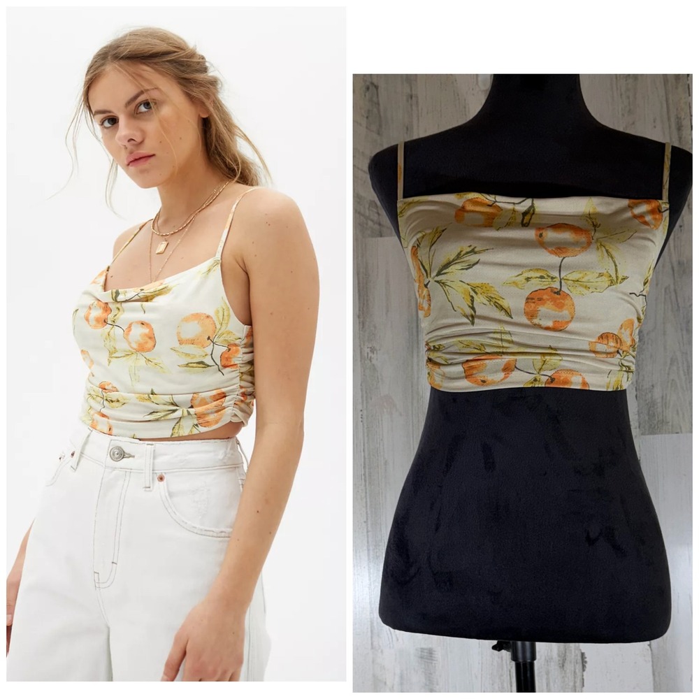 Urban Outfitters Ariya Fitted Ruched Cami Crop Top Small Cream Orange Fruit